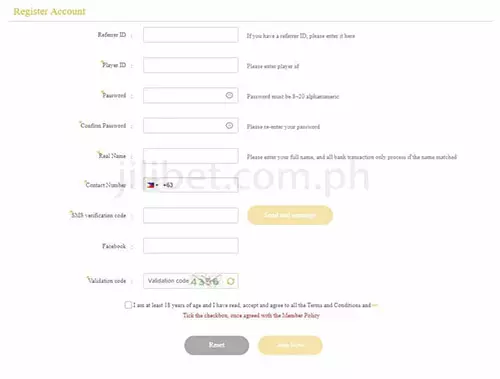 jilibet registration form